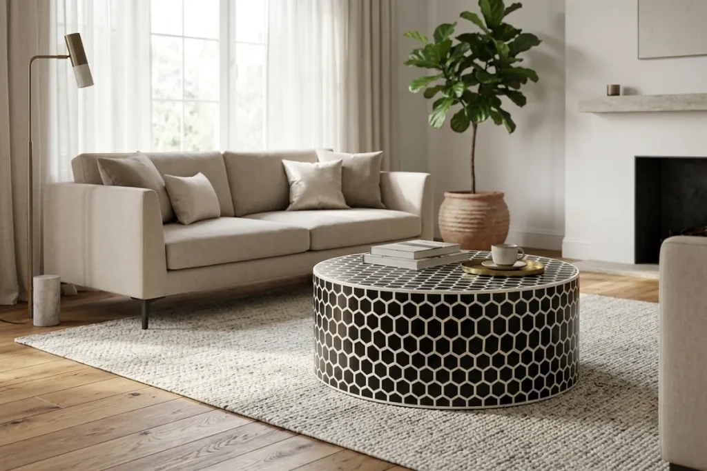 Black bone inlay round coffee table with geometric pattern placed in modern living room with beige sofa and plant