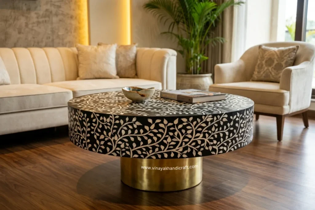 Black mother of pearl round floral coffee table with brass cladding stand – Taj Pushkar Resort project