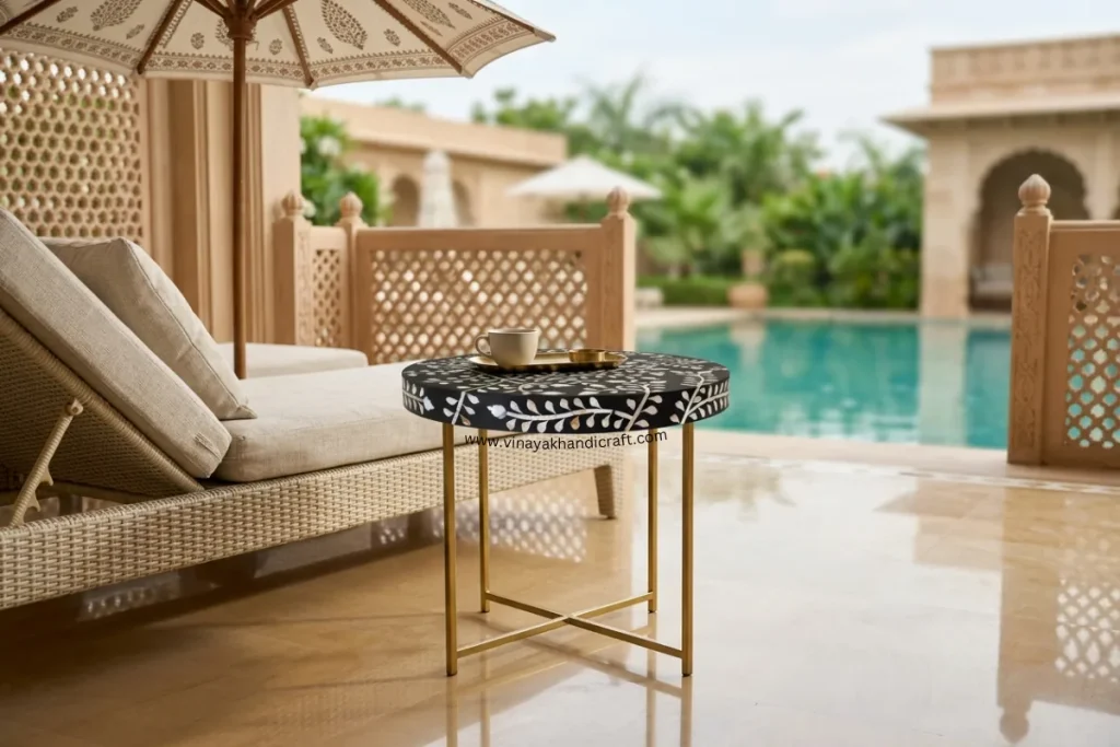 Black mother of pearl round floral small coffee table with shine metal stand – Taj Pushkar Resort project
