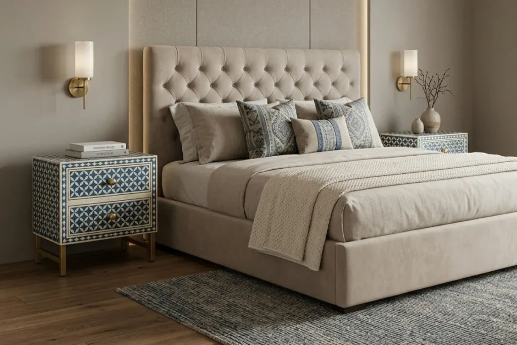 Bone inlay bedside tables in a luxury bedroom