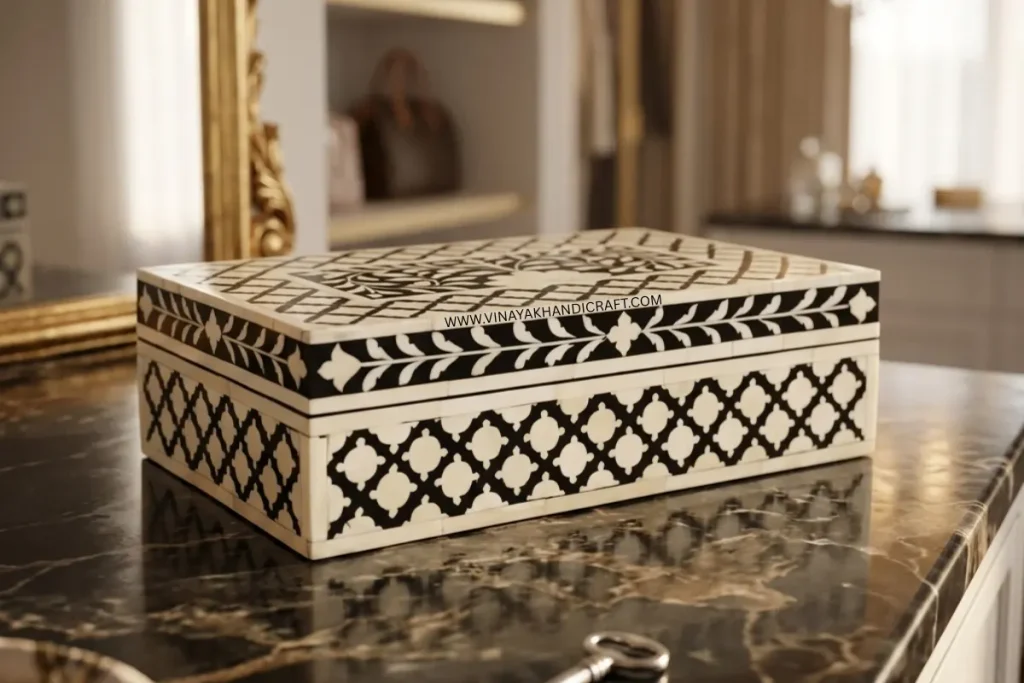 Custom white bone inlay jewelry storage box floral design and size