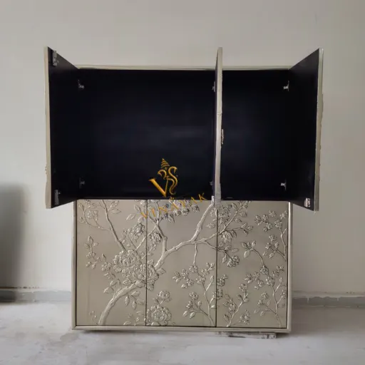 Six door German silver cupboard with decorative floral cupboard doors