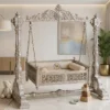 Luxury handcrafted German silver royal baby swing made from teak wood with beige velvet material padding