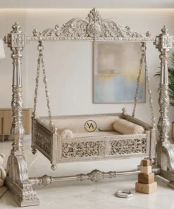 Luxury handcrafted German silver royal baby swing made from teak wood with beige velvet material padding