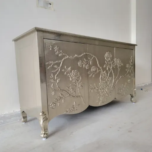 Luxury German silver buffet cabinet with rose floral detailing and storage
