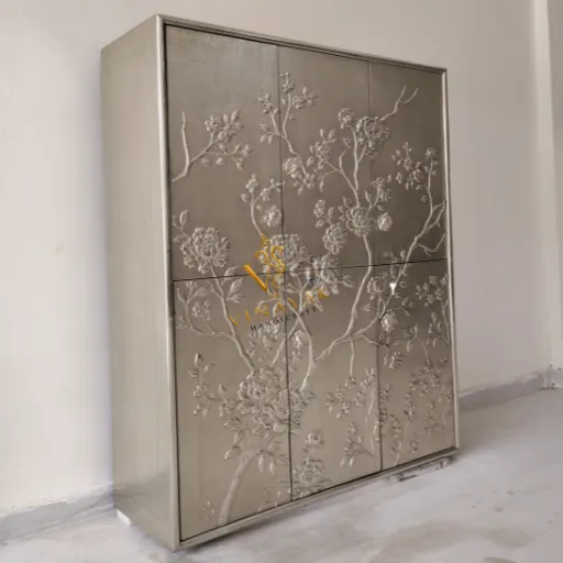 Handmade German silver wardrobe cabinet with embossed rose flower design