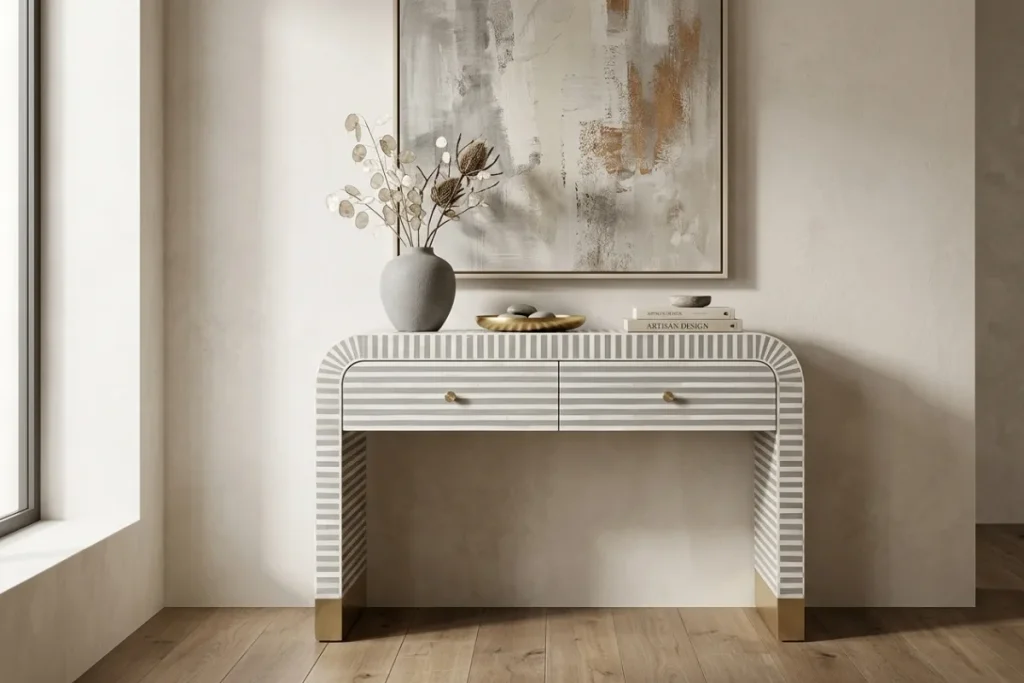 Grey bone inlay waterfall console table with stripe pattern in contemporary living room