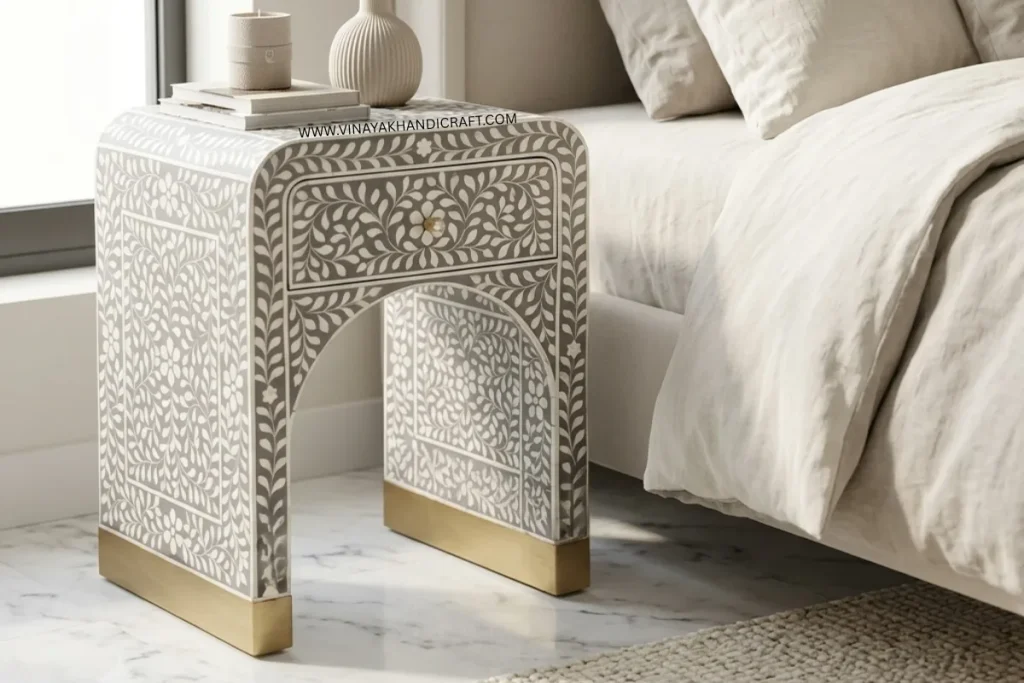 Grey bone inlay floral bedside table with drawer for a luxury bedroom