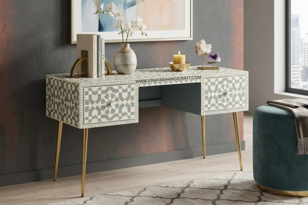 Grey bone inlay moroccan design 2 drawer entryway console table