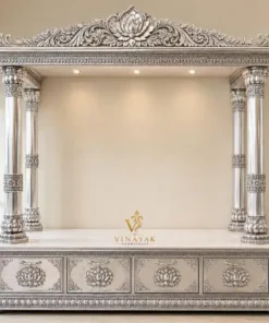 Handmade German silver modern carved temple for home with four decorative pillars and four storage drawers