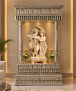 Handmade German silver pooja mandir for home with peacock and floral carving