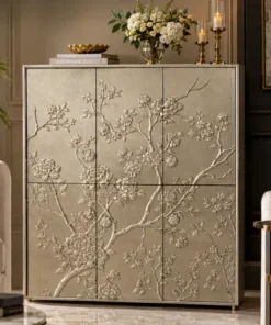 Handmade German silver rose floral 6 door cupboard with embossed flower design for luxury interiors