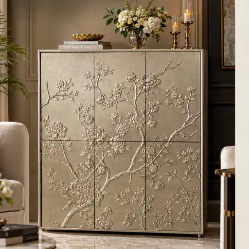 Handmade German silver rose floral 6 door cupboard with embossed flower design for luxury interiors