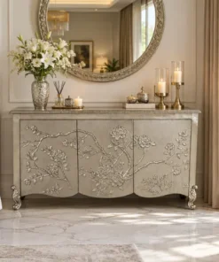 Luxury German silver rose floral storage cabinet with detailed handcrafted design placed in luxury bedroom with decor items