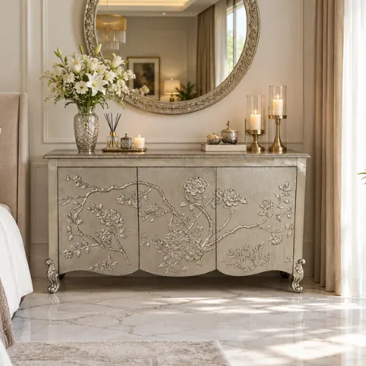 Luxury German silver rose floral storage cabinet with detailed handcrafted design placed in luxury bedroom with decor items