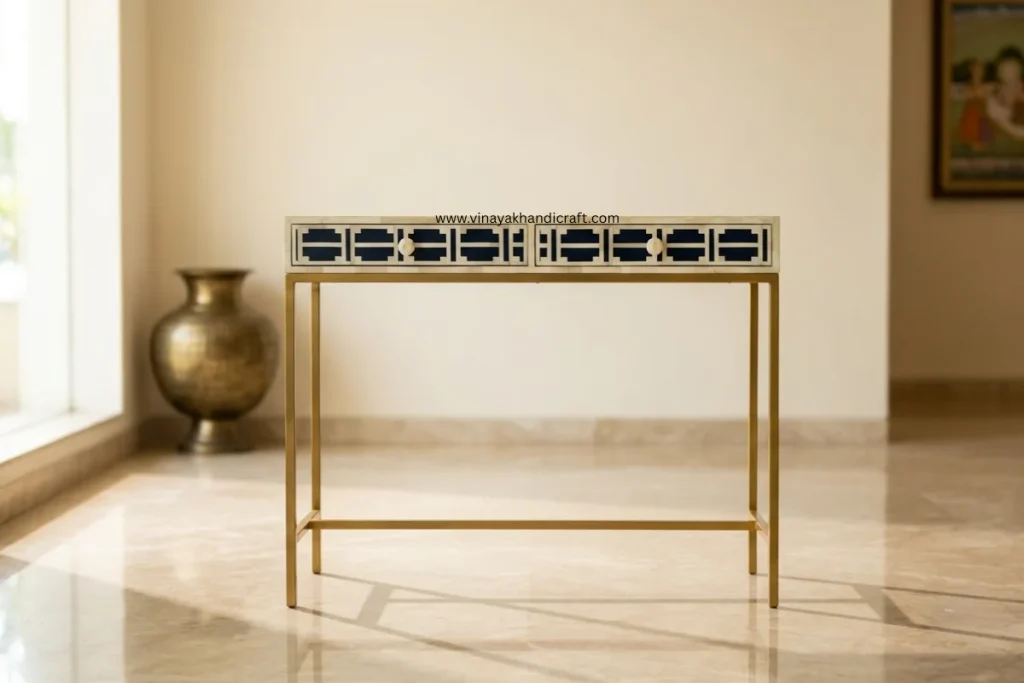 Navy blue bone inlay 2 drawer console table with I pattern and shine metal stand – Taj Pushkar Resort project