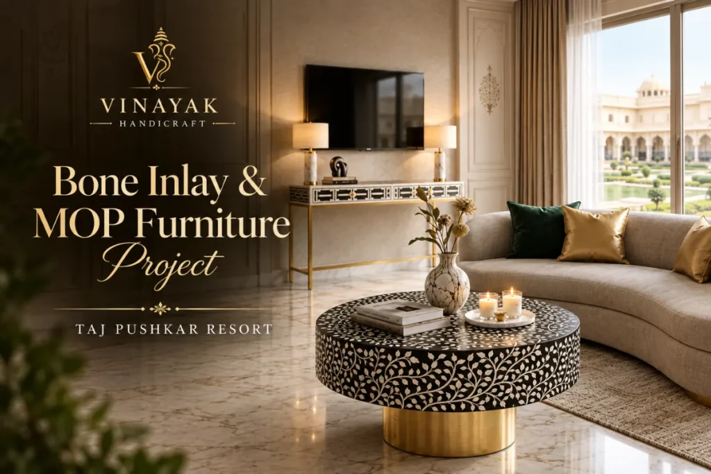 Luxury bone inlay and mother of pearl furniture collection – navy blue console table, black mother of pearl coffee tables for Taj Pushkar Resort & Spa Rajasthan
