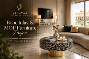 Luxury bone inlay and mother of pearl furniture collection – navy blue console table, black mother of pearl coffee tables for Taj Pushkar Resort & Spa Rajasthan