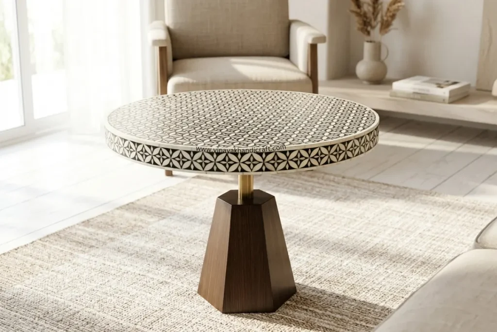 White bone inlay round center table with geometric pattern and wooden stand – Taj Pushkar Resort project