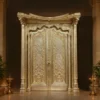 German silver carved temple double door with floral detailing and ornamental pillars