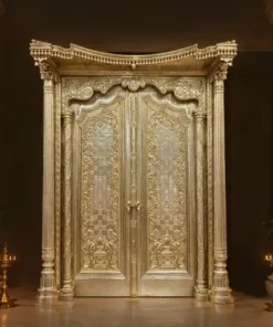 German silver carved temple double door with floral detailing and ornamental pillars
