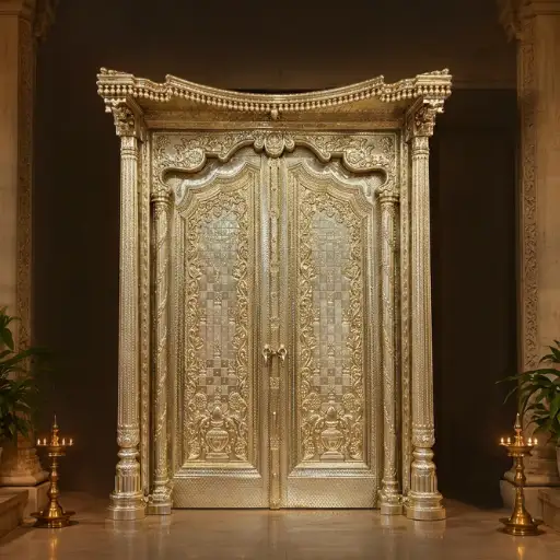 German silver carved temple double door with floral detailing and ornamental pillars