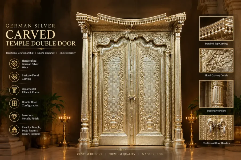 German silver carved temple double door with intricate floral detailing and ornamental pillars