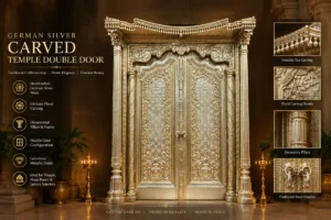 German silver carved temple double door with intricate floral detailing and ornamental pillars