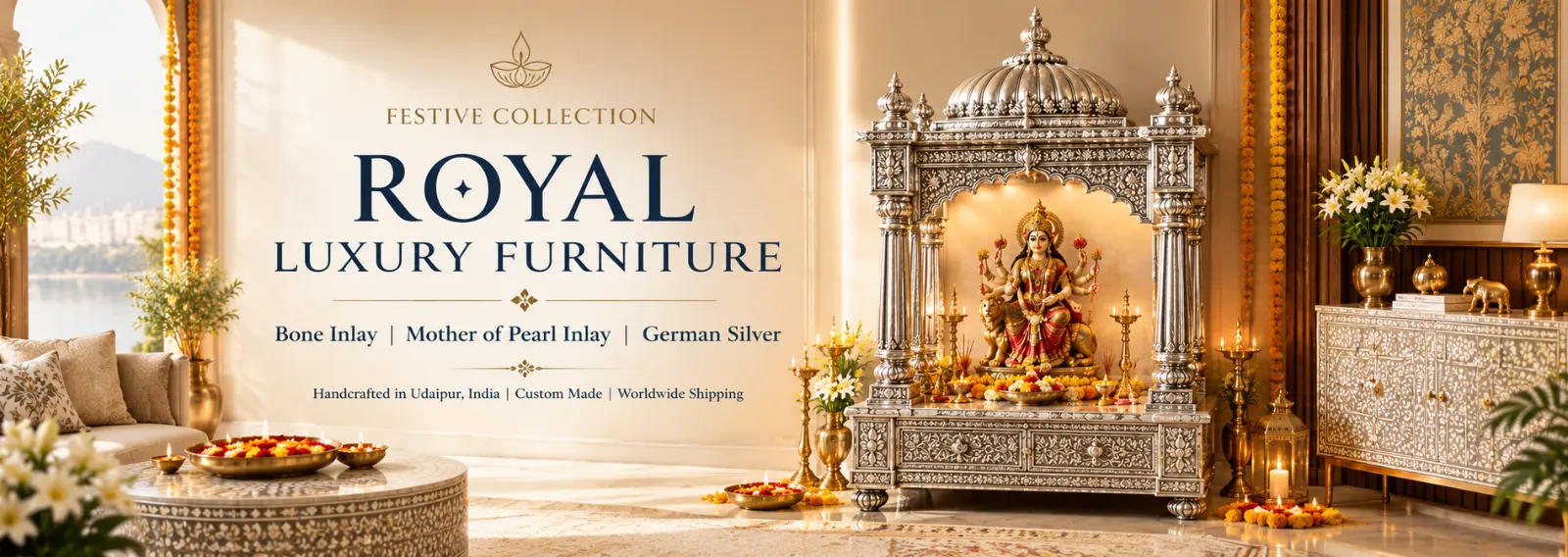 Luxury Diwali festive decor with German Silver temple, Bone Inlay furniture and Mother of Pearl Inlay furniture by Vinayak Handicraft