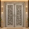 Handmade German silver temple double door with floral and bird carvings and decorative frame