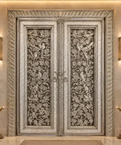 Handmade German silver temple double door with floral and bird carvings and decorative frame