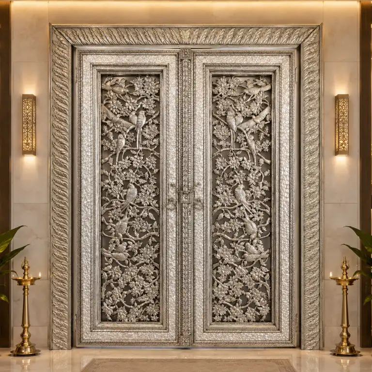 Handmade German silver temple double door with floral and bird carvings and decorative frame