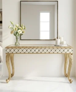 Luxury Mother of Pearl Inlay Console Table with Brass Cladding in Modern Bedroom